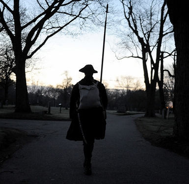 Col. Will Hutchinson leads the troops into the Wayland North Cemetery